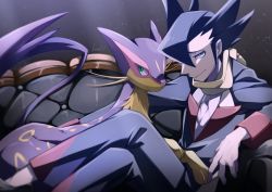 Rule 34 | 1boy, absurdres, black hair, blue eyes, closed mouth, commentary request, couch, creatures (company), crossed legs, elite four, game freak, gen 5 pokemon, grimsley (pokemon), half-closed eyes, highres, jacket, kisa (kisa-kisa5900), liepard, long sleeves, male focus, nintendo, pants, pokemon, pokemon (creature), pokemon bw, reclining, scarf, shoes, smile, yellow scarf