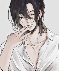 Rule 34 | 1boy, blue eyes, brown hair, collarbone, collared shirt, dress shirt, hagiwara kenji, hair between eyes, hand to own mouth, highres, light smile, long hair, looking at viewer, male focus, meitantei conan, one eye closed, open mouth, shirt, simple background, sleeves rolled up, solo, syarara23, unbuttoned, unbuttoned shirt, upper body, white background, white shirt