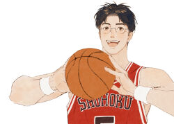 Rule 34 | 1boy, absurdres, ball, basketball (object), basketball uniform, brown eyes, brown hair, chengongzi123, glasses, hands up, highres, holding, holding ball, jersey, kogure kiminobu, looking at viewer, male focus, open mouth, rimless eyewear, short hair, simple background, slam dunk (series), sportswear, upper body, very short hair, white background
