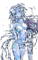 Rule 34 | 1girl, aqua eyes, aura, blue skin, breasts, collarbone, colored skin, commentary, elemental (creature), english commentary, fins, head fins, highres, jar, light smile, liquid hair, looking at viewer, medium breasts, monster girl, monster girl encyclopedia, navel, particles, pointy ears, pouring, simple background, solo, spirit, transparent, undine (monster girl encyclopedia), water, watery hair, white background, zakirsiz