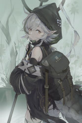 Rule 34 | 1girl, absurdres, arknights, backpack, bag, bare shoulders, black thighhighs, commentary request, crocodilian tail, detached sleeves, hair between eyes, highres, holding, holding staff, hood, hood up, large tail, lestrn, long hair, long sleeves, looking at viewer, looking back, parted lips, pointy ears, scroll, silver hair, solo, staff, tail, thighhighs, tomimi (arknights), torn clothes, torn thighhighs, yellow eyes