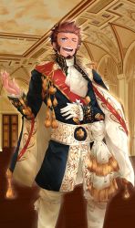 Rule 34 | 1boy, beard, blue eyes, brown hair, craft essence (fate), detail, facial hair, fate/grand order, fate (series), gloves, highres, long sideburns, long sleeves, looking at viewer, male focus, napoleon bonaparte (fate), one eye closed, single glove, smile, solo, standing, teeth, uniform, unower s, upper body