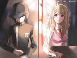 Rule 34 | 1boy, 1girl, ahoge, akamatsu kaede, artist name, baseball cap, blurry, blurry background, breast pocket, breasts, brown headwear, brown jacket, brown necktie, buttons, collared shirt, danganronpa (series), danganronpa v3: killing harmony, double-breasted, fortissimo, hair ornament, hat, hat over one eye, highres, holding hands, jacket, large breasts, long sleeves, looking at viewer, mona chif, musical note, musical note hair ornament, necktie, one eye covered, pink eyes, pink sweater vest, pocket, saihara shuichi, shirt, smile, sweater vest, table, white shirt