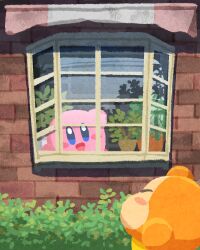 :d ^_^ blush_stickers brick_wall bush closed_eyes colored_skin day flower_pot hedge highres kirby kirby_(series) miclot nintendo no_humans open_mouth orange_skin outdoors pink_skin plant potted_plant smile waddle_dee waving window