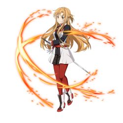 Rule 34 | 1girl, asuna (sao), augma, boots, braid, brown eyes, brown hair, dress, floating hair, full body, gloves, half gloves, high heel boots, high heels, highres, holding, holding sword, holding weapon, long hair, looking at viewer, pantyhose, red pantyhose, short dress, smile, solo, standing, sword, sword art online, transparent background, very long hair, weapon, white gloves