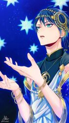 Rule 34 | 1boy, armpit cutout, black robe, black shirt, blue background, blue hair, blue sleeves, clothing cutout, commentary request, detached sleeves, deuce spade, gradient background, green eyes, hands up, headpiece, highres, jewelry, looking up, male focus, multiple bracelets, necklace, official alternate costume, okurabaakaa, open mouth, robe, shirt, short hair, signature, solo, star (sky), star (symbol), twisted wonderland, twitter username, upper body, white robe