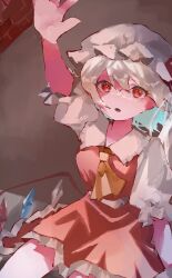 Rule 34 | 1girl, absurdres, ascot, blonde hair, cowboy shot, crystal, flandre scarlet, hand up, hat, highres, medium hair, mob cap, open mouth, reaching, red eyes, rokka (rokka937), simple background, sitting, solo, touhou, yellow ascot