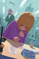 Rule 34 | 1girl, 2boys, absurdres, baseball cap, biting, black hair, blonde hair, brown eyes, cellphone, clenched teeth, cup, desk, disposable cup, drinking straw, hat, highres, holding, holding phone, hood, hoodie, indoors, long sleeves, looking at another, lottery, lottery ticket, medium hair, monitor, multiple boys, open mouth, original, pen, phone, purple hoodie, sekoshi (some1else45), shirt, short hair, sitting, smartphone, some1else45, standing, sweatdrop, talking on phone, teeth, thumb biting