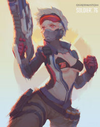 Rule 34 | 1girl, belt, black bra, bra, breasts, brown pants, character name, chen hg, cleavage, clenched hand, clothes writing, copyright name, covered mouth, cowboy shot, explosive, finger on trigger, genderswap, genderswap (mtf), gloves, gradient background, gun, highres, holding, holding weapon, holster, jacket, logo, mask, medium breasts, motion blur, overwatch, overwatch 1, pants, red eyes, red gloves, scar, short hair, soldier: 76 (overwatch), solo, strapless, strapless bra, thigh gap, thigh holster, underboob, underwear, visor, weapon, white hair