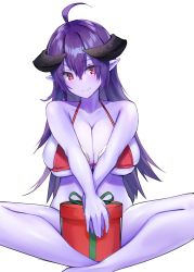 Rule 34 | 1girl, absurdres, ahoge, arunira, bare arms, bikini, bikini top only, bottomless, breasts, brll, christmas present, cleavage, closed mouth, colored skin, demon girl, fang, fang out, feet out of frame, fur-trimmed bikini, fur trim, gift, hair between eyes, highres, horns, huge breasts, indian style, looking at viewer, original, purple hair, purple skin, red bikini, red eyes, simple background, sitting, skin fang, smile, solo, swimsuit, white background