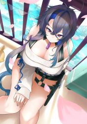 Rule 34 | 1girl, azur lane, bare shoulders, belt, breasts, cleavage, cropped sweater, crossed bangs, foch (azur lane), foch (rainbow rendezvous) (azur lane), from above, hair between eyes, high-waist shorts, highres, holster, huge breasts, knife sheath, knife sheath, latex shorts, long hair, looking at viewer, looking up, miya ur, multicolored hair, o-ring, o-ring belt, off-shoulder sweater, off shoulder, official alternate costume, petals, purple hair, sheath, shorts, solo, streaked hair, sweater, thigh holster, two-tone hair, very long hair, water, white sweater