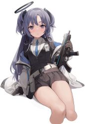Rule 34 | 1girl, belt, black jacket, blue archive, blue necktie, blush, collared shirt, gloves, gun, halo, highres, holding, holding gun, holding weapon, id card, jacket, jacket partially removed, kurige horse, looking at viewer, miniskirt, multicolored clothes, multicolored jacket, necktie, off shoulder, pleated skirt, purple eyes, purple hair, shirt, simple background, skirt, submachine gun, track jacket, two-tone jacket, two side up, weapon, white belt, white shirt, yuuka (blue archive)