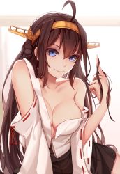 Rule 34 | 10s, 1girl, ahoge, blue eyes, breasts, brown hair, cleavage, come hither, detached sleeves, double bun, gradient background, hair bun, twirling hair, hairband, headgear, highres, japanese clothes, kantai collection, kongou (kancolle), kongou kai ni (kancolle), long hair, looking at viewer, nian (zhanian), no bra, nontraditional miko, off shoulder, pleated skirt, skirt, smile, solo, undressing