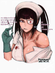 Rule 34 | 1girl, artist name, black hair, breasts, capcom, cleavage, dated, eyepatch, gloves, green gloves, han juri, hershuar, holding, holding syringe, korean text, large breasts, long hair, nurse, pink eyes, solo, street fighter, street fighter v, syringe, translation request, twintails, upper body