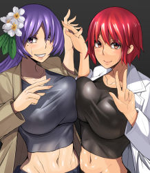 Rule 34 | 2girls, absurdres, ayakumo, blazer, breast press, breasts, collarbone, crop top, eyes visible through hair, groin, hair ribbon, holding hands, highres, horikawa raiko, interlocked fingers, jacket, large breasts, looking at viewer, midriff, multiple girls, navel, open jacket, open clothes, open jacket, purple eyes, purple hair, red eyes, red hair, revision, ribbon, simple background, smile, strapless, symmetrical docking, touhou, tsukumo benben, tube top