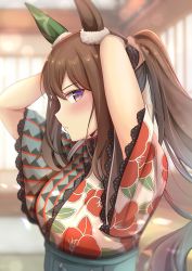 Rule 34 | adjusting hair, admire vega (umamusume), animal ears, arms up, blurry, blurry background, blurry foreground, blush, breasts, commentary request, hair between eyes, hair ornament, highres, horse ears, horse girl, japanese clothes, kimono, looking at viewer, medium breasts, ponytail, portrait, purple eyes, rrtp, umamusume, yukata