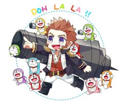 Rule 34 | 1boy, beard, blue eyes, brown hair, chibi, commentary request, crossover, doraemon (character), epaulettes, facial hair, fate/grand order, fate (series), gutshika, long sideburns, long sleeves, male focus, military, military uniform, napoleon bonaparte (fate), pants, scar, smile, uniform, weapon, white background