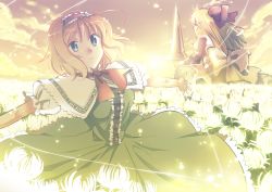 Rule 34 | 1girl, alice margatroid, arms at sides, blonde hair, bow, capelet, dress, female focus, field, flower, flower field, goliath doll, green dress, green eyes, hair bow, hairband, highres, jewelry, koinohito, lance, long hair, outstretched arms, polearm, puppet rings, puppet strings, ring, short hair, sitting, sky, solo, spider lily, sunset, torisuke (koinohito), touhou, weapon