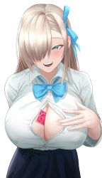 Rule 34 | 1girl, absurdres, asuna (blue archive), between breasts, blue archive, blue bow, blue ribbon, bow, breasts, button gap, cleavage, collared shirt, condom, condom wrapper, hair over one eye, half-closed eye, hand on own chest, highres, large breasts, leotard, long hair, looking at viewer, naughty face, open mouth, pleated skirt, ribbon, school uniform, shirt, skirt, smile, solo, teeth, upper teeth only, zib (boriku)