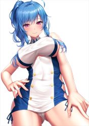 Rule 34 | 1girl, ahoge, azur lane, bare arms, blue hair, blush, breasts, cameltoe, character request, cleft of venus, closed eyes, collared dress, commentary, covered navel, dress, eyebrows hidden by hair, from below, gluteal fold, lambda (kusowarota), large breasts, long hair, looking at viewer, paid reward available, panties, pantyshot, pink eyes, ponytail, sleeveless, sleeveless dress, smile, solo, st. louis (azur lane), underwear, white background, white panties