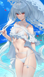 Rule 34 | 1girl, bikini, breasts, cleavage, collarbone, fate/grand order, fate/grand order arcade, fate (series), faton, frills, hair intakes, highres, lady avalon (fate), lady avalon (second ascension) (fate), long hair, medium breasts, merlin (fate/prototype), midriff, navel, parasol, red eyes, smile, solo, swimsuit, twintails, umbrella, very long hair, white hair