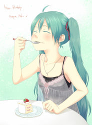 Rule 34 | 1girl, birthday, cake, cake slice, camisole, character name, eating, english text, closed eyes, food, fork, fruit, green hair, happy birthday, hatsune miku, hinata (artist), jewelry, long hair, magamoto, necklace, pastry, plate, sitting, solo, strawberry, strawberry shortcake, table, twintails, utensil in mouth, very long hair, vocaloid, watermark
