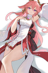 Rule 34 | 1girl, animal ears, arm up, bare legs, bare shoulders, black undershirt, blush, breasts, detached sleeves, earrings, feet out of frame, floppy ears, fox ears, genshin impact, hair between eyes, hand on own chest, highres, japanese clothes, jewelry, layered shirt, long hair, looking at viewer, lying, medium breasts, nontraditional miko, parted bangs, parted lips, pink hair, ponzu pon9, purple eyes, red skirt, shadow, shirt, sidelocks, simple background, skirt, sleeveless, sleeveless shirt, solo, turtleneck, white background, white shirt, white sleeves, wide sleeves, yae miko
