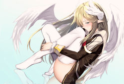 Rule 34 | 1girl, angel wings, black dress, black shirt, blonde hair, blouse, blurry, celestia (totomono), character request, check character, depth of field, dress, from side, green eyes, head wings, ken to mahou to gakuen mono, looking at viewer, no shoes, pallad, pointy ears, shirt, simple background, skindentation, solo, tagme, thighhighs, white background, white thighhighs, wings