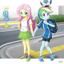 Rule 34 | 3girls, aged down, backpack, bag, ball, blue eyes, blue skin, boots, child, colored skin, derpy hooves, fluttershy, holding hands, multicolored hair, multiple girls, my little pony, my little pony: equestria girls, my little pony: friendship is magic, outdoors, personification, pink eyes, rainbow dash, randoseru, road, rubber boots, soccer ball, street, tagme, uotapo, yellow skin