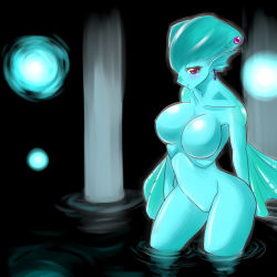 Rule 34 | 1girl, arms behind back, blue skin, blush, breasts, colored skin, earrings, extra eyes, fins, fish girl, jewelry, large breasts, monster girl, nintendo, no nipples, nude, numadaira, aged up, pink eyes, pointy ears, princess ruto, purple eyes, solo, the legend of zelda, the legend of zelda: ocarina of time, water, zora