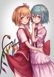 Rule 34 | 2girls, ascot, black ribbon, blonde hair, blue hair, blush, breasts, brooch, commentary request, cowboy shot, crystal, dress, flandre scarlet, frilled shirt collar, frills, gradient background, grey background, hair between eyes, hair ribbon, hand on own chin, hand up, highres, jewelry, laevatein (tail), looking at viewer, multiple girls, no headwear, one side up, parted lips, pink dress, puffy short sleeves, puffy sleeves, red eyes, red ribbon, red skirt, red vest, remilia scarlet, ribbon, roke (taikodon), shirt, short hair, short sleeves, siblings, sisters, skirt, small breasts, smile, standing, tail, touhou, vest, white shirt, wing collar, wings, yellow ascot