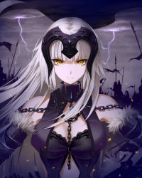 Rule 34 | 1girl, armor, bare shoulders, between breasts, blonde hair, breasts, chain, closed mouth, cloud, cloudy sky, commentary request, fate/grand order, fate (series), flag, fur-trimmed sleeves, fur trim, gauntlets, headpiece, highres, jeanne d&#039;arc (fate), jeanne d&#039;arc alter (avenger) (fate), jeanne d&#039;arc alter (avenger) (third ascension) (fate), jeanne d&#039;arc alter (fate), lightning, long hair, looking at viewer, night, serious, silhouette, sky, solo focus, sony kisaragi, standard bearer, upper body, yellow eyes