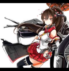 Rule 34 | 10s, 1girl, absurdres, anchor, black thighhighs, brown eyes, brown hair, cannon, flower, hair flower, hair ornament, highres, kantai collection, keystone, letterboxed, long hair, looking at viewer, oil-paper umbrella, ponytail, skirt, smile, solo, thighhighs, tsurime, umbrella, very long hair, yamato (kancolle), yoshizawa tsubaki