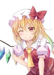 Rule 34 | 1girl, ascot, blonde hair, bow, breasts, closed mouth, collared shirt, comiket 88, crystal, fang, fang out, flandre scarlet, frilled shirt collar, frilled sleeves, frills, hand on own hip, hat, hat bow, leaning forward, looking at viewer, medium hair, mob cap, multicolored wings, one eye closed, puffy short sleeves, puffy sleeves, rando seru, red bow, red eyes, red ribbon, red skirt, red vest, ribbon, shirt, short sleeves, skirt, skirt set, sleeve ribbon, small breasts, solo, touhou, vest, white background, white hat, white shirt, wings, yellow ascot