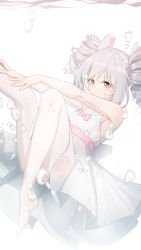 Rule 34 | 1girl, absurdres, air bubble, bare arms, bare shoulders, blush, bow, breasts, bronya zaychik, brown eyes, bubble, caisena, cleavage, closed mouth, commentary request, dress, drill hair, feet out of frame, grey hair, highres, honkai (series), honkai impact 3rd, knee up, leg up, pantyhose, pink bow, sleeveless, sleeveless dress, small breasts, solo, swept bangs, thighband pantyhose, twin drills, twintails, underwater, water, white dress, white pantyhose