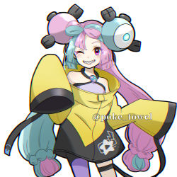 Rule 34 | 1girl, black shorts, character hair ornament, chromatic aberration, commentary request, creatures (company), game freak, green hair, grin, hair ornament, highres, iono (pokemon), jacket, long hair, looking at viewer, nintendo, one eye closed, pokemon, pokemon sv, purple eyes, purple hair, ror (meisakutaro), sharp teeth, shorts, simple background, single leg pantyhose, sleeves past fingers, sleeves past wrists, smile, solo, teeth, thigh strap, twintails, watermark, white background, yellow jacket