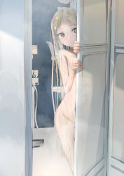 Rule 34 | 1girl, bathroom, blonde hair, blush, breasts, brown eyes, closed mouth, forehead, long hair, looking at viewer, nude, original, parted bangs, sakazakinchan, shower (place), small breasts, thighs, wet