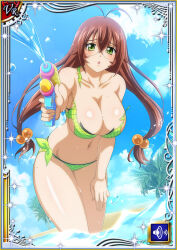 Rule 34 | 1girl, :o, bikini, blush, breast press, breasts, breasts squeezed together, brown hair, card (medium), curvy, day, embarrassed, glasses, green bikini, green eyes, hair ornament, ikkitousen, large breasts, long hair, looking at viewer, navel, official art, open mouth, ryuubi gentoku, shiny skin, side-tie bikini bottom, solo, swimsuit, torn bikini, torn clothes, very long hair, water, water gun, wide hips