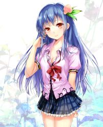 Rule 34 | 1girl, adapted costume, adjusting hair, arm behind back, bad id, bad pixiv id, blue hair, blush, bow, bowtie, breasts, cleavage, colored eyelashes, female focus, fingernails, flower, food, frills, fruit, head tilt, heart, highres, hinanawi tenshi, lips, long hair, looking at viewer, medium breasts, momoko (momopoco), necktie, no headwear, peach, plaid, plaid skirt, puffy sleeves, red eyes, skirt, smile, solo, touhou, undone necktie