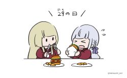 Rule 34 | &gt; &lt;, 2girls, assault lily, blonde hair, blunt bangs, braid, brown sailor collar, burger, chibi, closed eyes, date pun, eating, flying sweatdrops, food, food wrapper, fork, grey hair, hair ribbon, hands up, highres, holding, holding burger, holding food, holding fork, holding knife, kabayaki (kabayaki eel), kanba girls high school uniform, knife, kon kanaho, long sleeves, looking at another, meat day, miyagawa takane, multiple girls, necktie, no mouth, number pun, open mouth, plate, purple ribbon, red shirt, ribbon, sailor collar, school uniform, serafuku, shirt, short necktie, side braid, simple background, solid oval eyes, translated, white background, white necktie