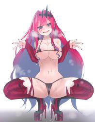 Rule 34 | 1girl, bare shoulders, bikini, black bikini, breasts, cameltoe, circlet, collarbone, detached sleeves, double v, earrings, baobhan sith (fate), fate/grand order, fate (series), g-string, groin, hair between eyes, heart, heart-shaped pupils, high heels, highres, jewelry, large breasts, long hair, long sleeves, looking at viewer, mentaiko mamire, micro bikini, nail polish, navel, pink hair, platform footwear, platform heels, pointy ears, red nails, red thighhighs, simple background, smile, solo, spread legs, squatting, stomach, sweat, sweatdrop, swimsuit, symbol-shaped pupils, thighhighs, thighs, thong, thong bikini, v, wedgie, white background
