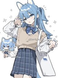 1girl alternate_costume animal_ears bag blue_bow blue_bowtie blue_eyes blue_hair blue_nails blue_skirt blush bow bowtie brown_cardigan cardigan cardigan_vest cat_ears cat_girl cat_tail center-flap_bangs chibi chibi_inset collared_shirt cowboy_shot dress_shirt hair_between_eyes hair_tie_on_wrist highres hololive hoshimachi_suisei kemonomimi_mode long_hair long_sleeves looking_at_viewer nail_polish one_side_up open_mouth paw_pose plaid_bow plaid_bowtie plaid_clothes plaid_skirt shirt sidelocks simple_background skirt solo sparkle tai_inukai tail tote_bag twitter_username virtual_youtuber watermark white_background white_bag white_shirt