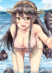 Rule 34 | 10s, 1girl, abyssal ship, assisted exposure, bare shoulders, bikini, black hair, blue sky, blush, breasts, cleavage, day, covered erect nipples, female focus, hairband, haruna (kancolle), ichikawa feesu, kantai collection, large breasts, leaning forward, long hair, looking at viewer, ocean, open mouth, pink bikini, sky, soaking feet, solo, swimsuit, teeth, wading, wardrobe malfunction, water, yellow eyes