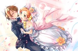 Rule 34 | 10s, 2girls, ^ ^, ajishio, bare shoulders, boutonniere, bow, bowtie, brown hair, choker, closed eyes, dress, closed eyes, flower, formal, gloves, green eyes, hair bow, hair flower, hair ornament, hoshizora rin, koizumi hanayo, love live!, love live! school idol project, love wing bell, multiple girls, open mouth, orange hair, petals, ribbon, short hair, suit, tears, traditional bowtie, wedding dress, white dress, white gloves, wife and wife, yuri
