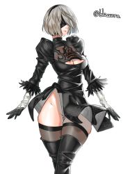Rule 34 | 1girl, blaccura, blindfold, hairband, highres, hip focus, lips, mole, mole under eye, nier (series), nier:automata, short hair, silver hair, simple background, solo, thick thighs, thighs, twitter username, two-sided fabric, two-sided skirt, white background, 2b (nier:automata)