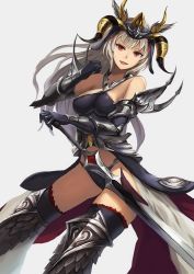 Rule 34 | :d, armor, armored boots, bare shoulders, boots, couter, elbow gloves, eruthika, gloves, highres, horns, open mouth, panties, red eyes, simple background, smile, solo, sword, thighhighs, underwear, vambraces, weapon, white hair