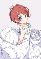 Rule 34 | 1girl, antenna hair, arms behind back, bare shoulders, blue eyes, blue ribbon, blush, breasts, character name, collarbone, dress, from above, grey background, idolmaster, idolmaster million live!, idolmaster million live! theater days, julia (idolmaster), kuresuku (lessons), lace, lace-trimmed dress, lace trim, looking at viewer, medium breasts, official alternate costume, pure onepiece (idolmaster), red hair, ribbon, ribbon-trimmed dress, short hair, shy, sidelocks, simple background, sleeveless, solo, sweat, very short hair, waist ribbon, white dress, white ribbon, wind, wind lift