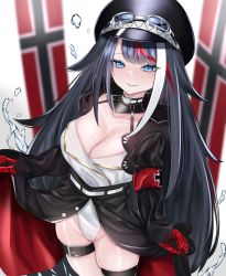 Rule 34 | 1girl, alternate breast size, azur lane, black coat, black hair, black hat, blue eyes, breasts, cleavage, coat, detached collar, deutschland (azur lane), hat, highleg, highleg leotard, highres, keishi surota, large breasts, leotard, long hair, looking at viewer, mechanical arms, multicolored hair, open clothes, open coat, peaked cap, red hair, shiny skin, simple background, skindentation, solo, streaked hair, thigh strap, very long hair, water, white hair, white leotard