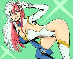 Rule 34 | 1girl, absurdres, bb (baalbuddy), birdy cephon altera, blue eyes, breasts, cleavage, gloves, green background, highres, leotard, long hair, long sleeves, multicolored hair, red hair, solo, tetsuwan birdy, thighhighs, thighs, two-tone hair, white hair