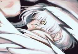 Rule 34 | 1boy, black tears, cropped, crying, crying with eyes open, emet-selch, eyelashes, feathered wings, final fantasy, final fantasy xiv, highres, looking at viewer, male focus, painterly, portrait, solo, tears, tyt tham, veins, white hair, wings, yellow eyes